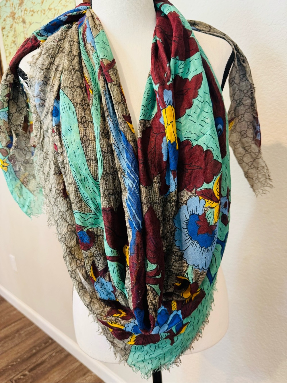 Authentic Gucci Multicolor Peacock Motiff Silk Scarf - Blue, Teal & Burgund